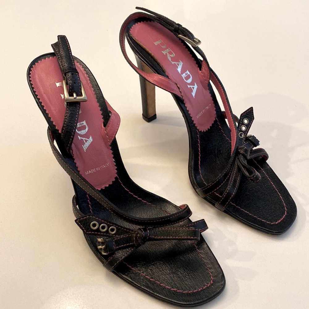 Prada.  Navy and pink bow high heels